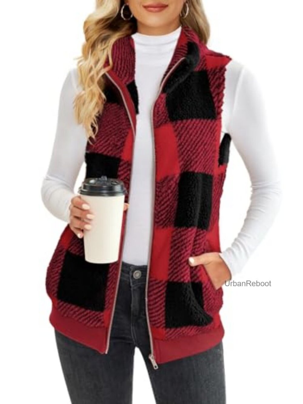 Womens Sherpa Fleece Zip Up Vest Plaid Sleeveless Jacket Pockets